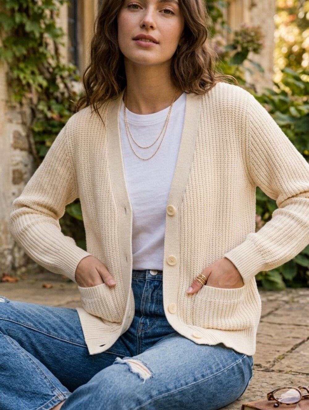 Cream Wool Blend Cardigan Cozy Knit Grandpa Aesthetic Vintage Minimalist Top